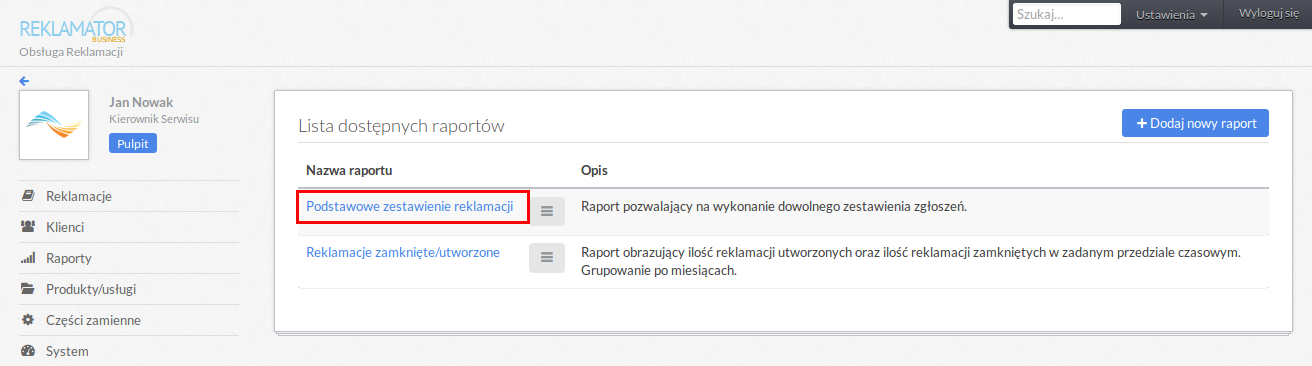 Lista raportów